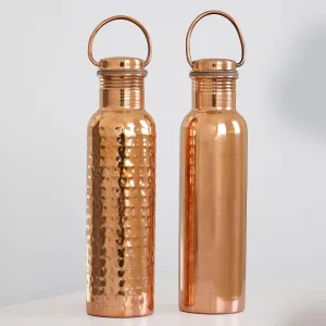 Set of 2 (Plain and Hammered) Copper Water Bottle with Chug Lid and Carry Handle, Reusable, BPA Free, Dishwasher Safe, Perfect for Travel, School, Outdoors, and Gym | 600 Ml (20.28 US Fl Oz)