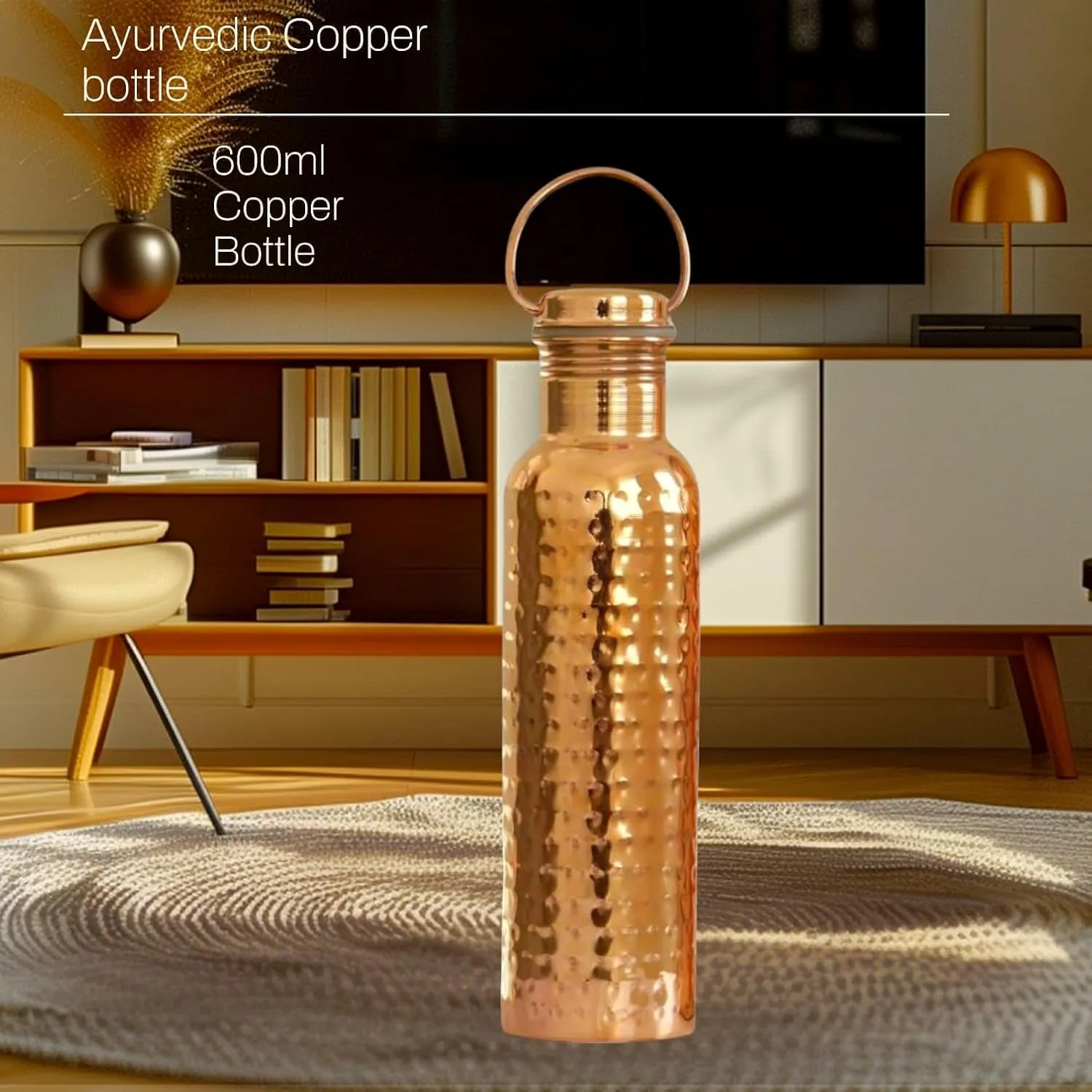 Set of 2 (Plain and Hammered) Copper Water Bottle with Chug Lid and Carry Handle, Reusable, BPA Free, Dishwasher Safe, Perfect for Travel, School, Outdoors, and Gym | 600 Ml (20.28 US Fl Oz)