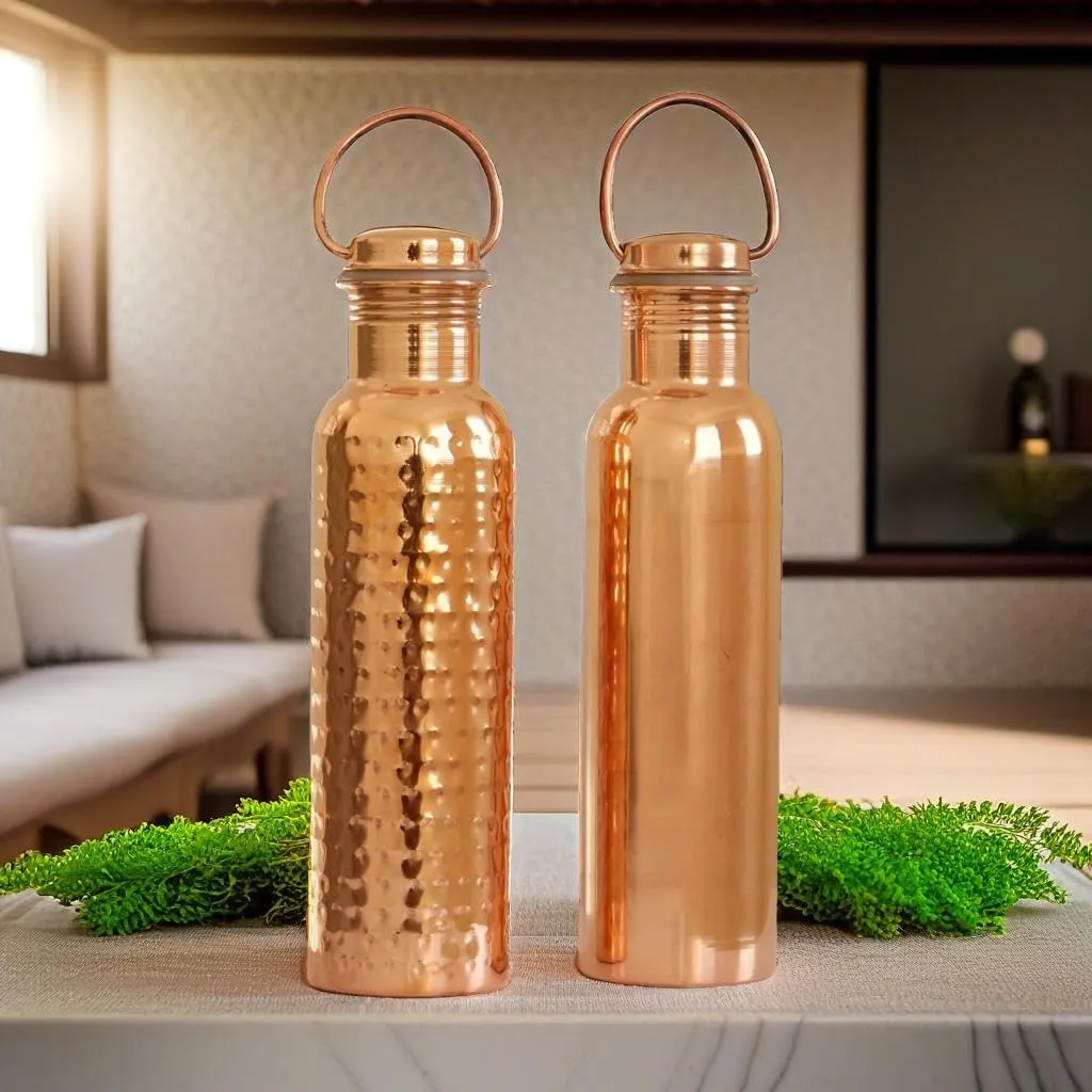 Set of 2 (Plain and Hammered) Copper Water Bottle with Chug Lid and Carry Handle, Reusable, BPA Free, Dishwasher Safe, Perfect for Travel, School, Outdoors, and Gym | 600 Ml (20.28 US Fl Oz)