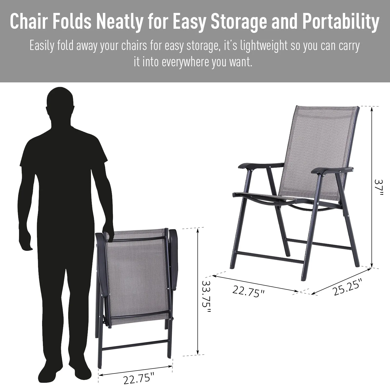 Set of 4 Stackable Outdoor Folding Chairs with Armrests, Metal Frame, Gray