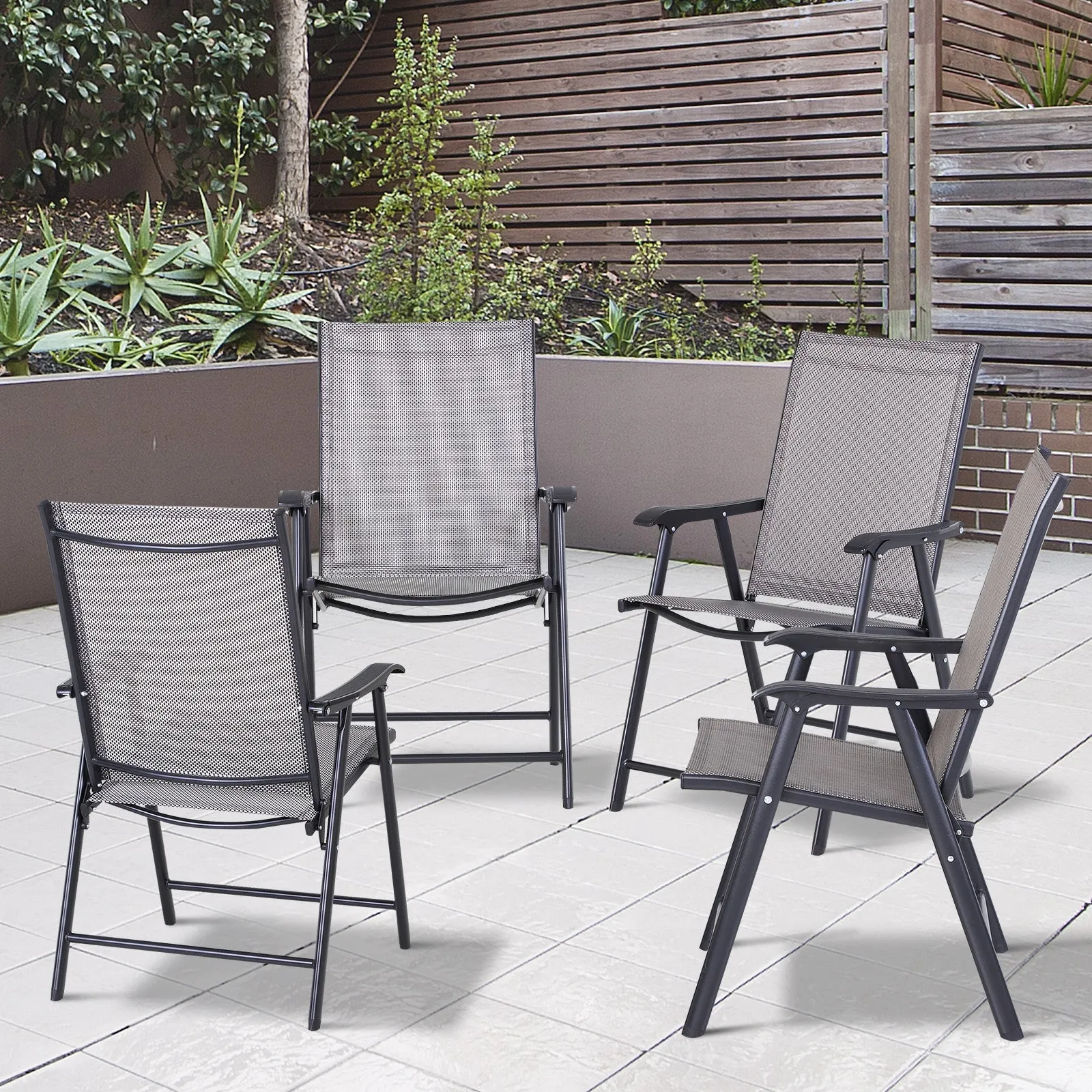 Set of 4 Stackable Outdoor Folding Chairs with Armrests, Metal Frame, Gray