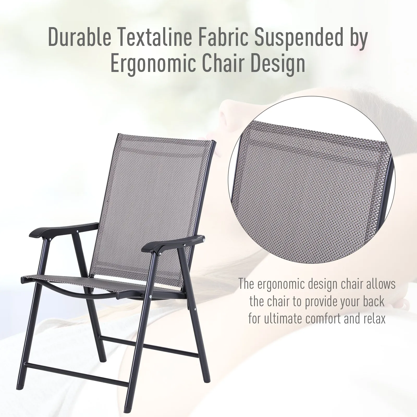 Set of 4 Stackable Outdoor Folding Chairs with Armrests, Metal Frame, Gray