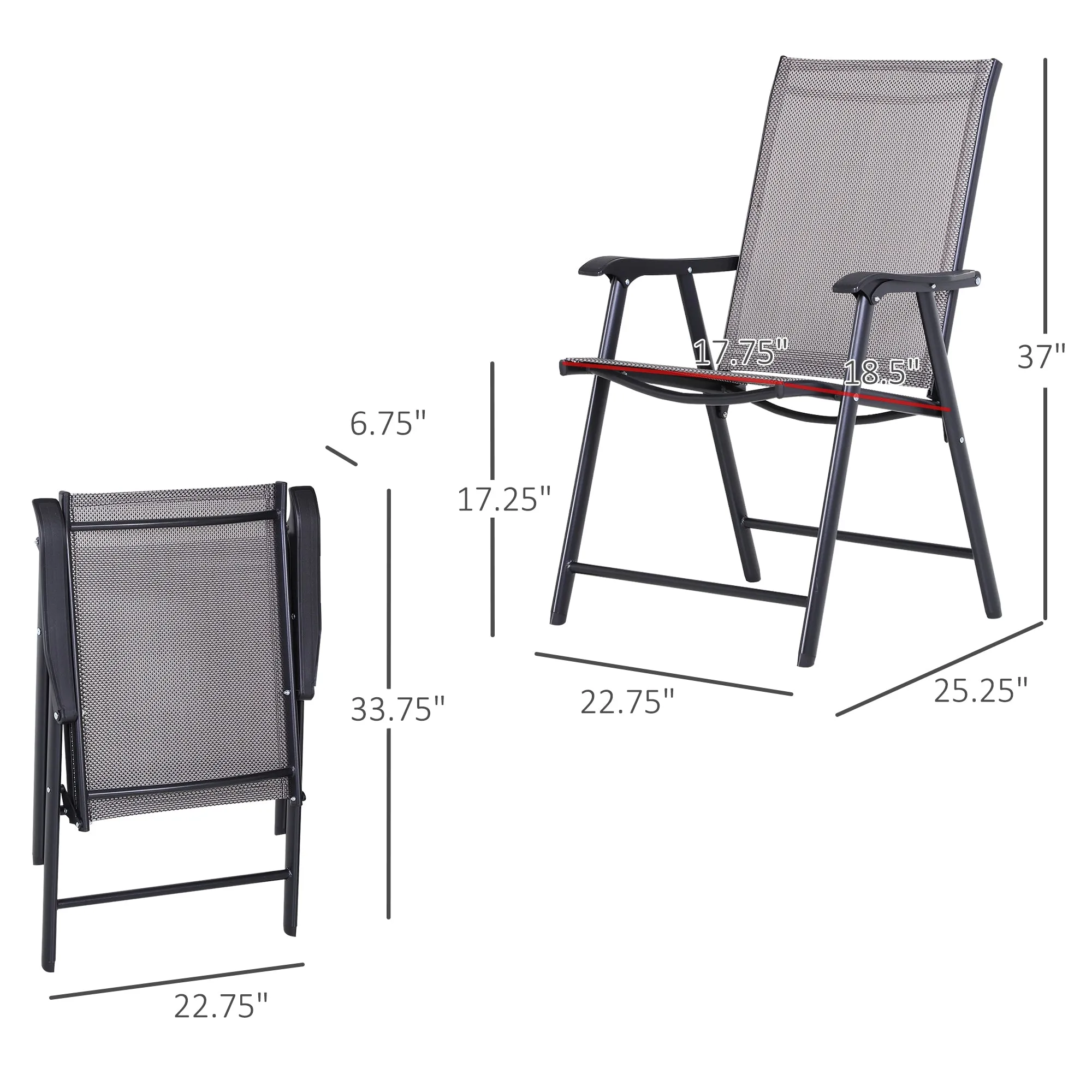 Set of 4 Stackable Outdoor Folding Chairs with Armrests, Metal Frame, Gray
