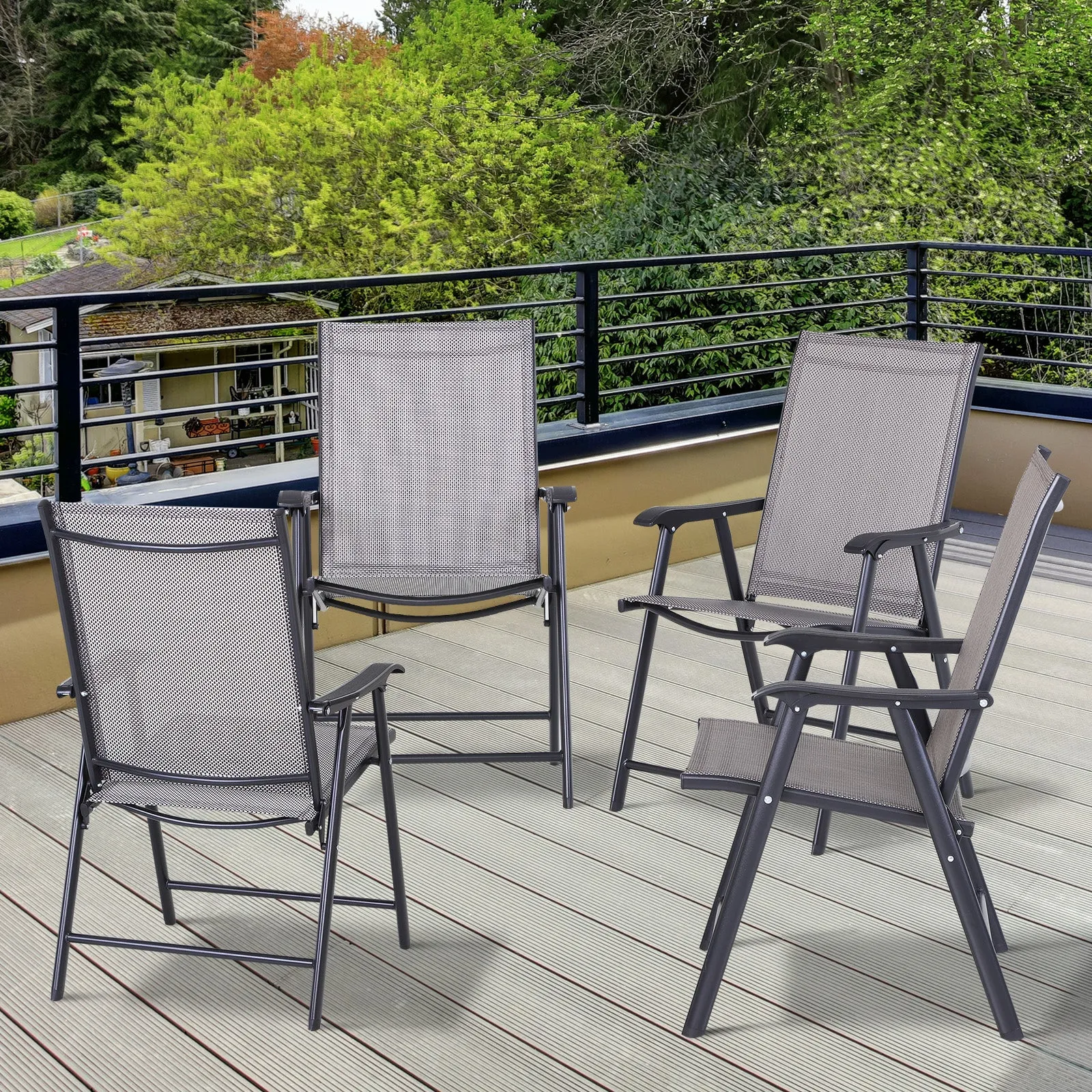 Set of 4 Stackable Outdoor Folding Chairs with Armrests, Metal Frame, Gray