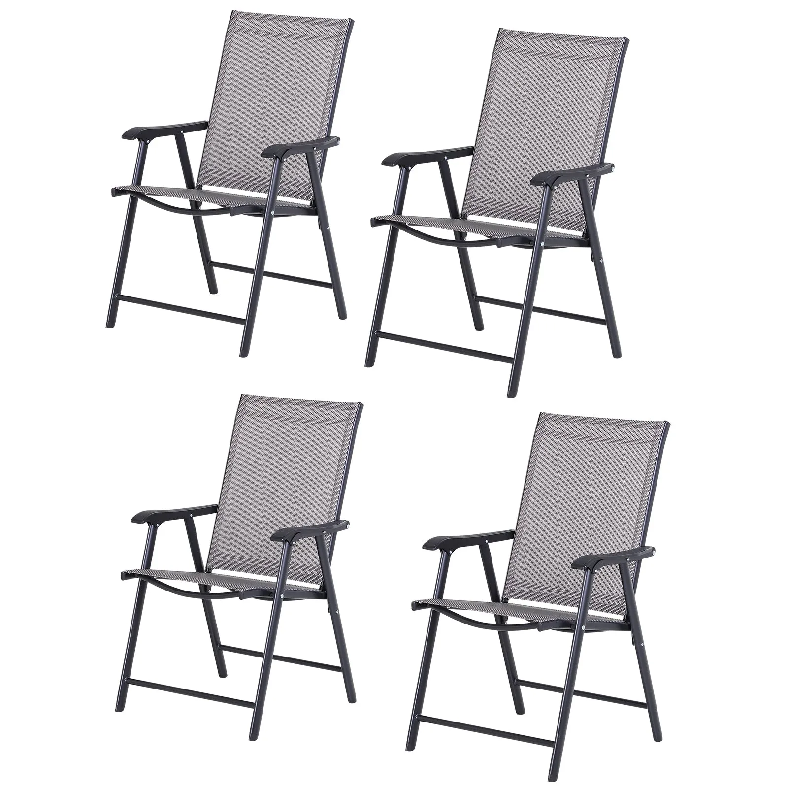 Set of 4 Stackable Outdoor Folding Chairs with Armrests, Metal Frame, Gray