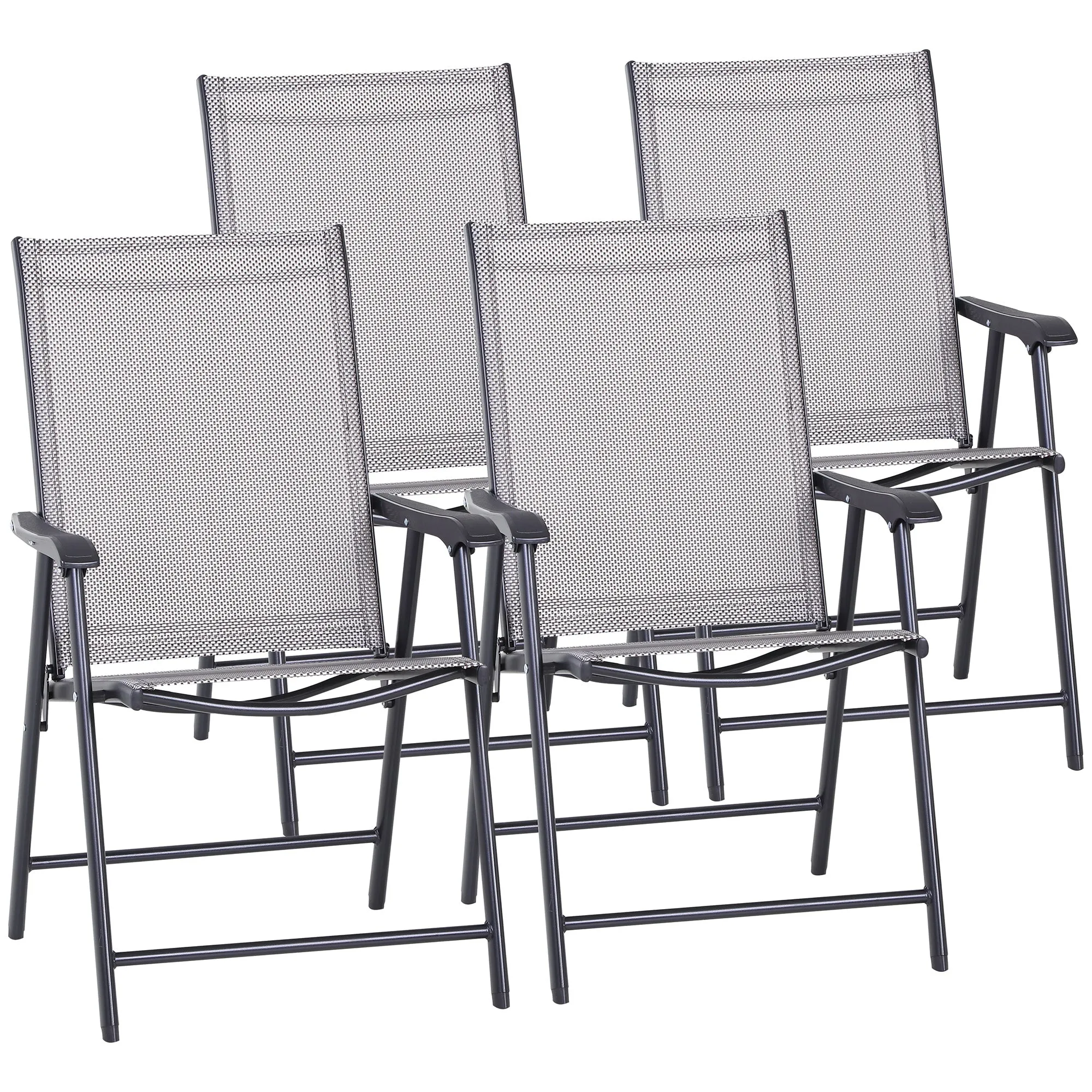 Set of 4 Stackable Outdoor Folding Chairs with Armrests, Metal Frame, Gray