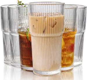Set of 6 Oversize Ribbed Glassware, 20oz Vintage Clear Glass Tumbler, Large capacity, Origami Style, Fluted Design, Ideal for Water, Iced Coffee, Beer, Tea, Latte, Housewarming Gift (Large)
