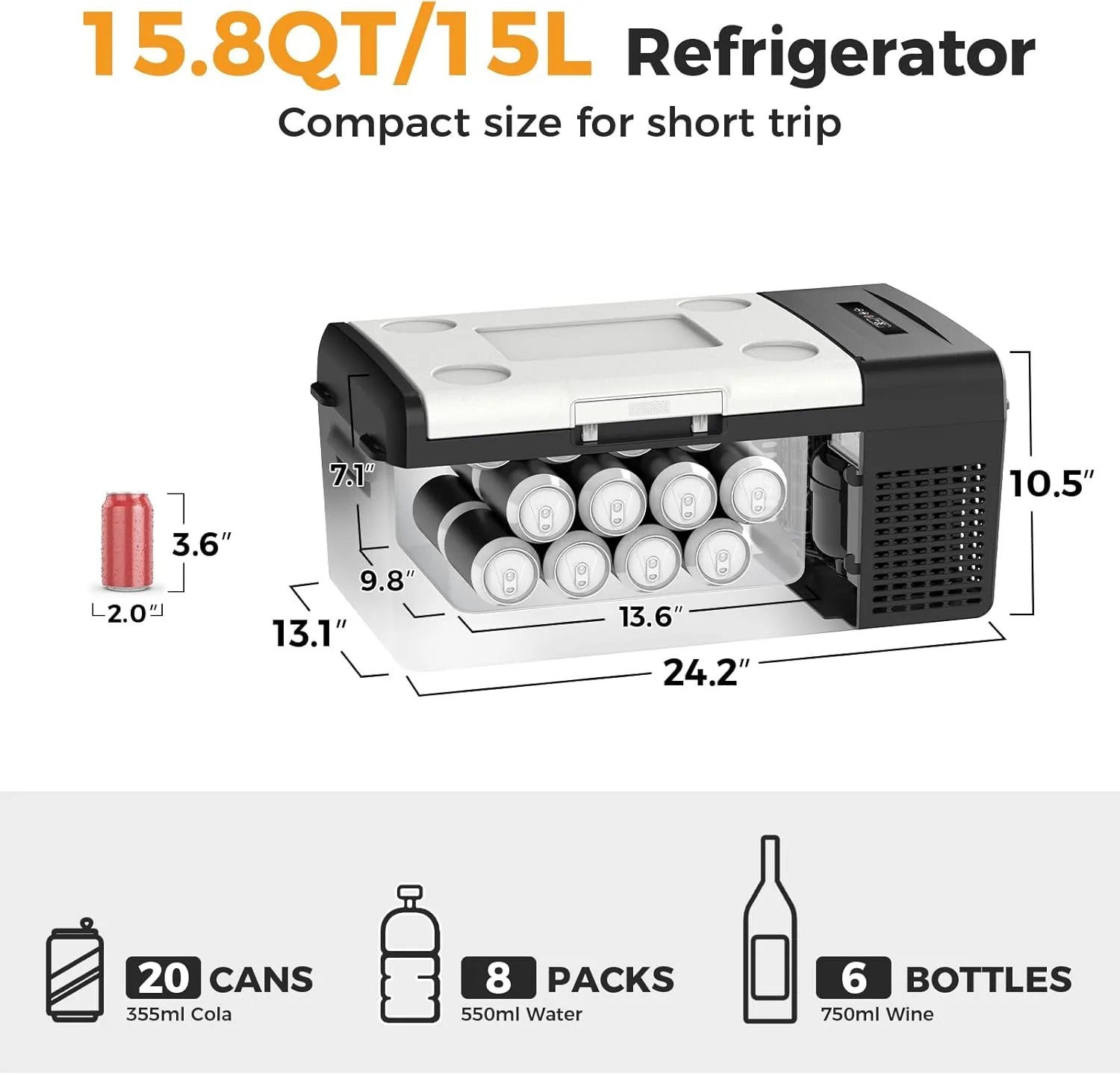 Setpower Car Refrigerator Electric Cooler 15L/15.8QT, Car Fridge Portable Freezer 12V Refrigerator Plug In Camping Cooler 12/24V DC 110/240V AC for Truck RV Travel Road Trip, Black