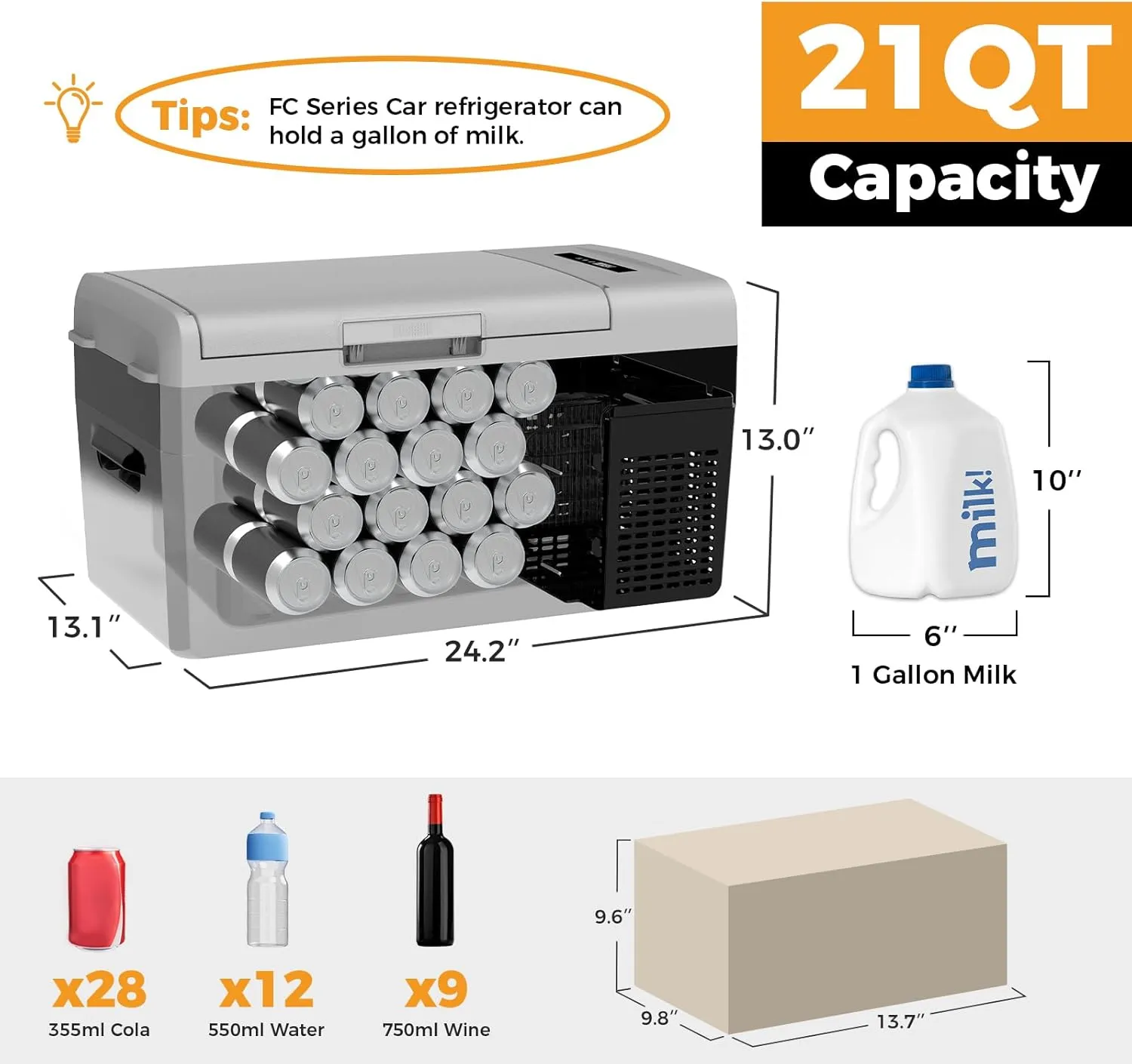 Setpower FC20 Portable 12v Refrigerator, -4℉-68℉ Fast Cooling Car Refrigerator, 20L/21Qt Car Fridge Portable Freezer with 12/24V DC and 110/240V AC, Electric Cooler (Black, 20L With AC Adapter)