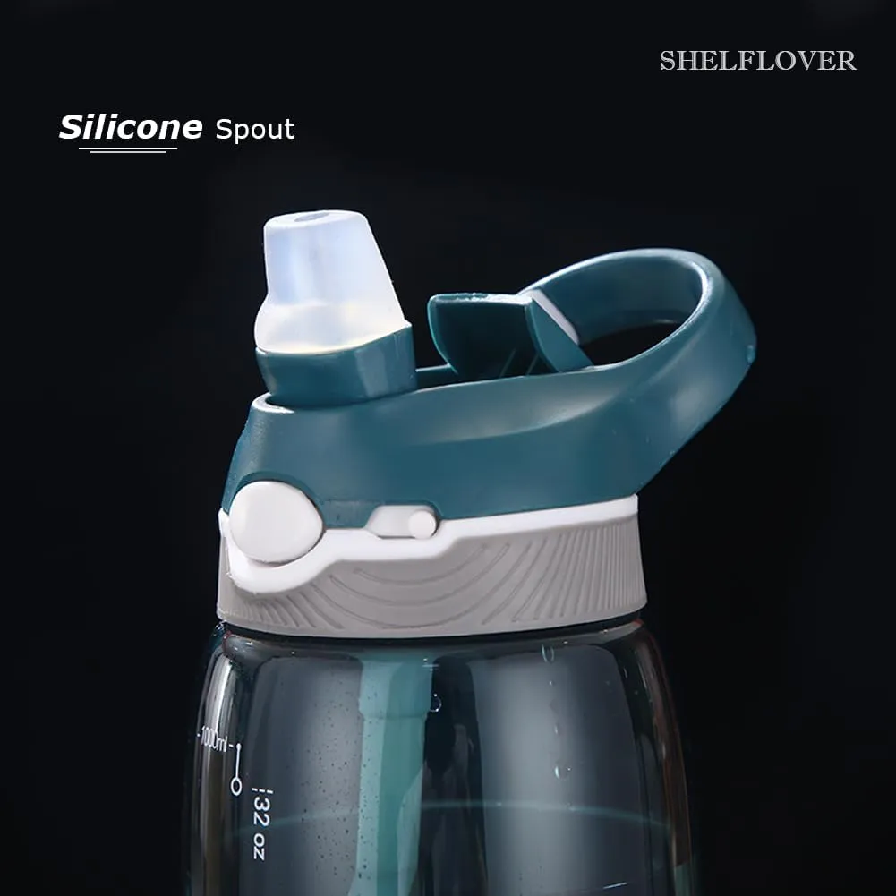 SHELFLOVER Dark Cyan Water Bottle With Narrow Straw, BPA FREE Clear Bottles With Handle One Hand Use Easy Carried, Flip Up, Suit School, Office, Gym, Office For Men, 32oz (1000ml)