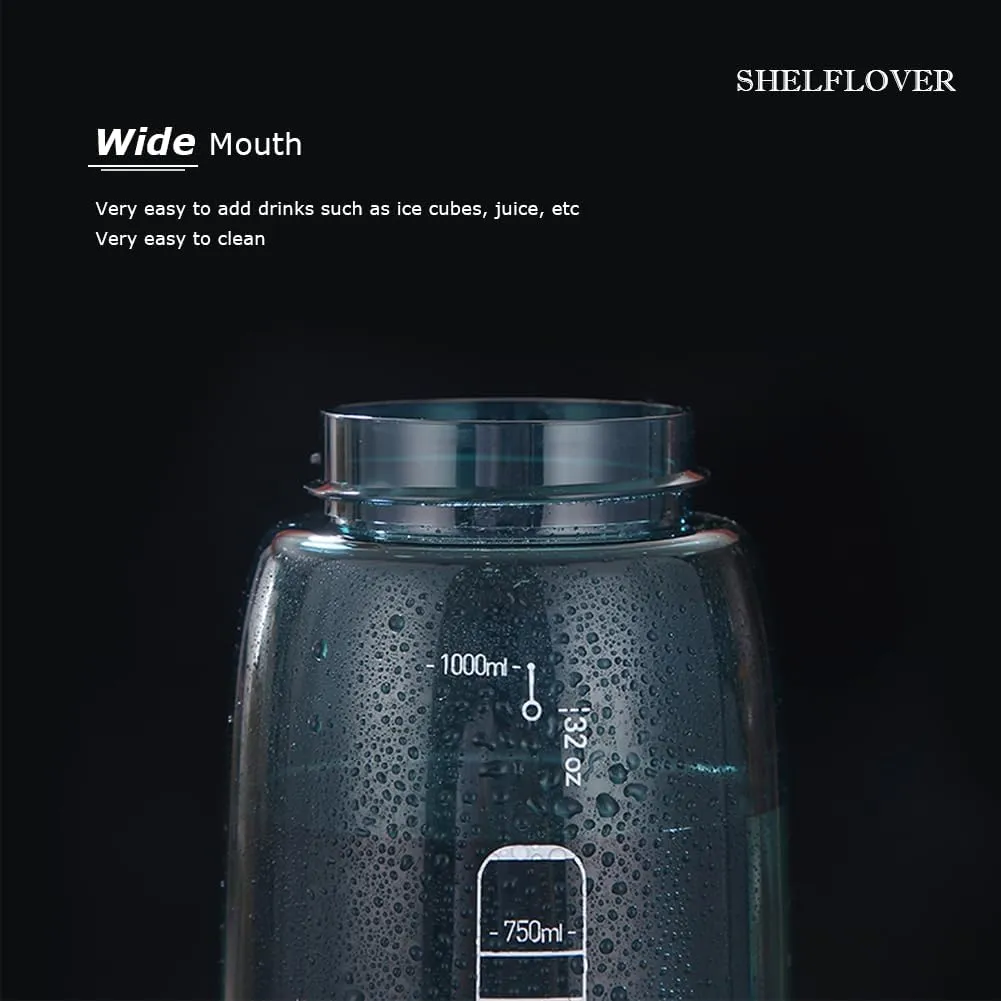 SHELFLOVER Dark Cyan Water Bottle With Narrow Straw, BPA FREE Clear Bottles With Handle One Hand Use Easy Carried, Flip Up, Suit School, Office, Gym, Office For Men, 32oz (1000ml)