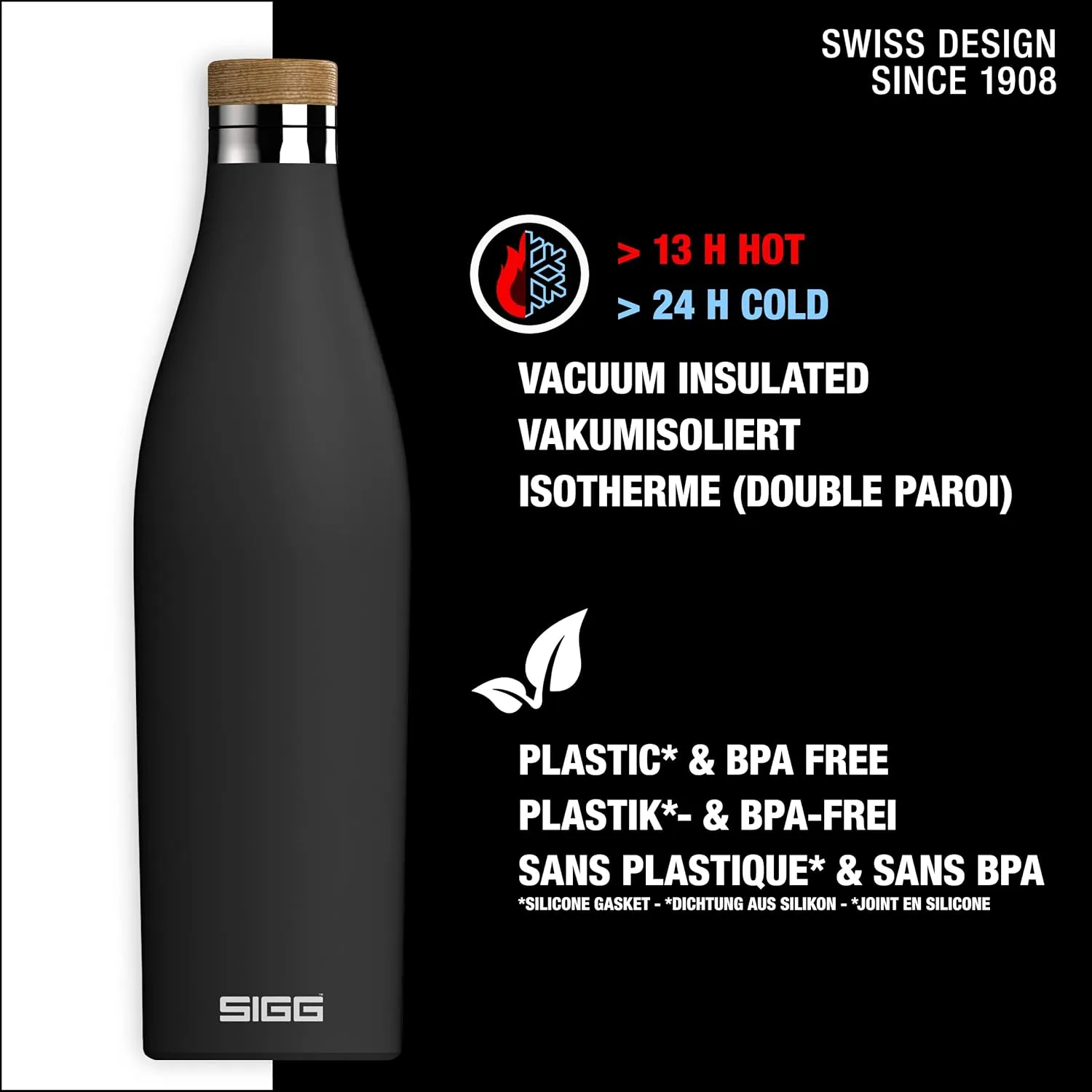 SIGG - Insulated Water Bottle - Meridian Black - Leakproof & Extra-Slim - BPA Free - Plastic Free - 18/8 Stainless Steel - Double Walled - Bamboo Screw Top - Black - 17 Oz