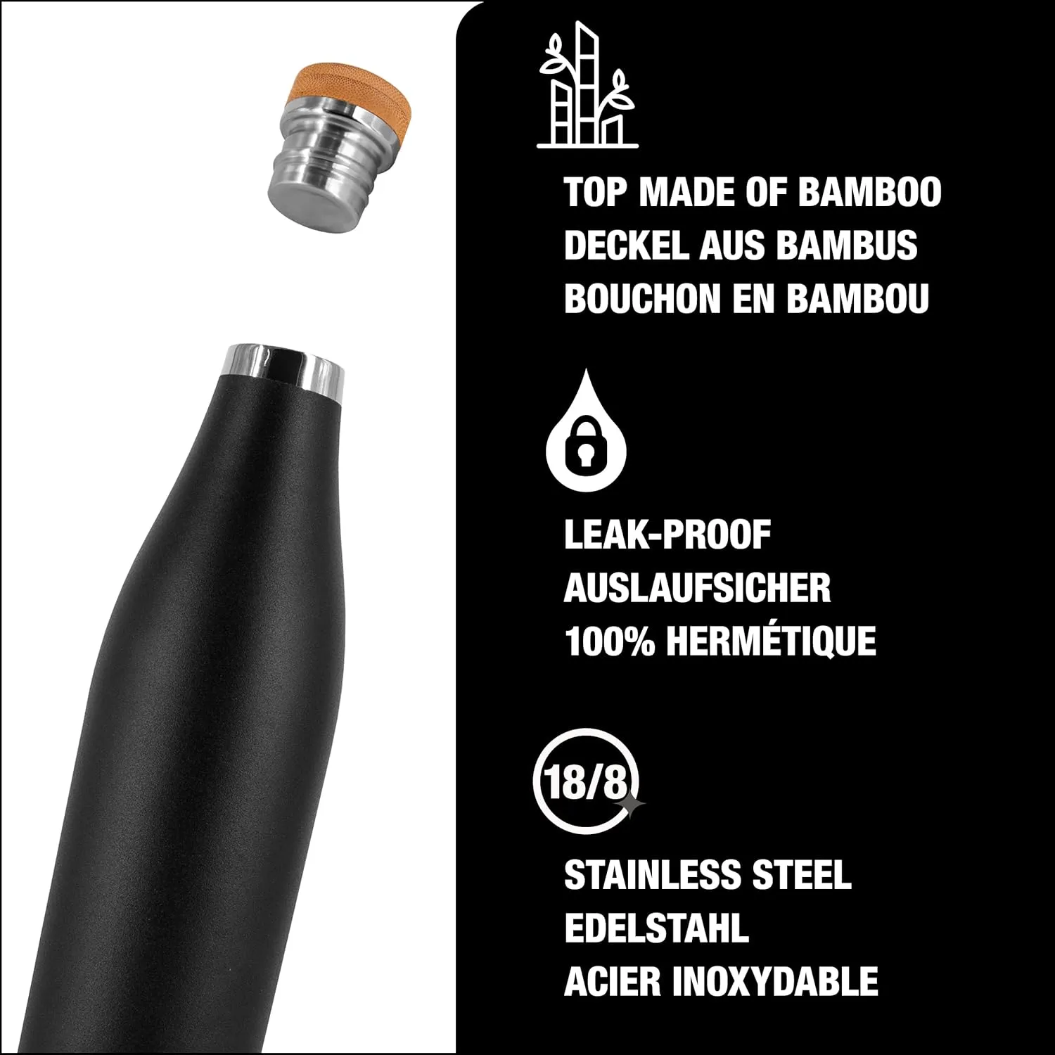 SIGG - Insulated Water Bottle - Meridian Black - Leakproof & Extra-Slim - BPA Free - Plastic Free - 18/8 Stainless Steel - Double Walled - Bamboo Screw Top - Black - 17 Oz
