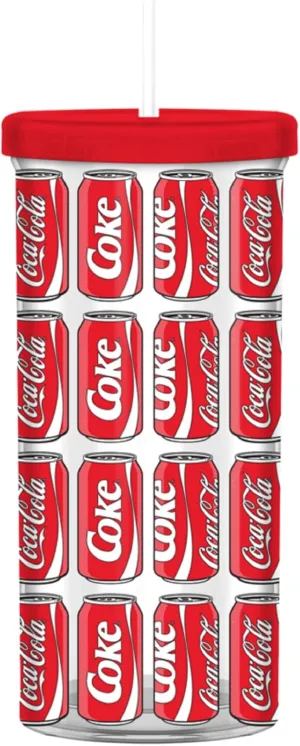 Silver Buffalo Coca Cola Coke Cans Pattern Plastic Tall Cold Cup with Lid and Straw, 20 Ounces