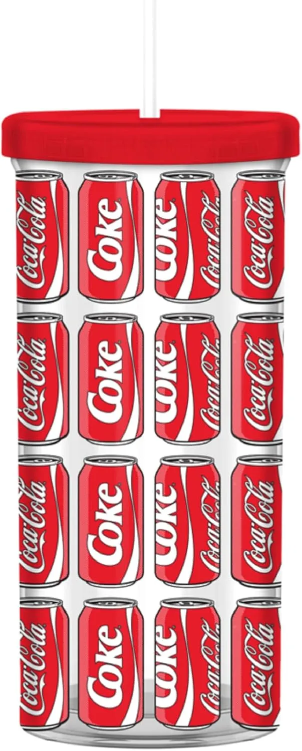 Silver Buffalo Coca Cola Coke Cans Pattern Plastic Tall Cold Cup with Lid and Straw, 20 Ounces