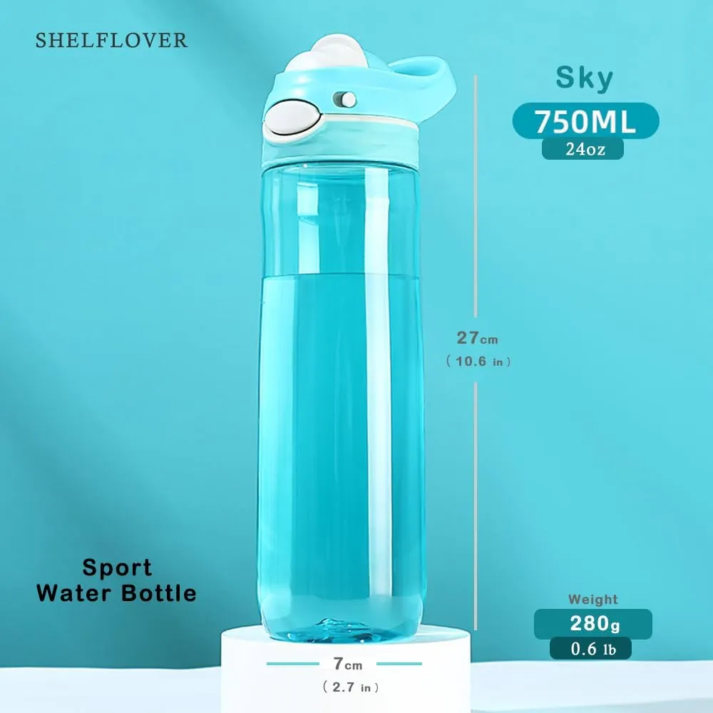 Sky Water Bottle No Straw, BPA FREE TRITAN, Lock Button Has Handle Clear Bottles, Wide Mouth Easy Clean for Women Office Travel Yoga, 24oz (750ml)