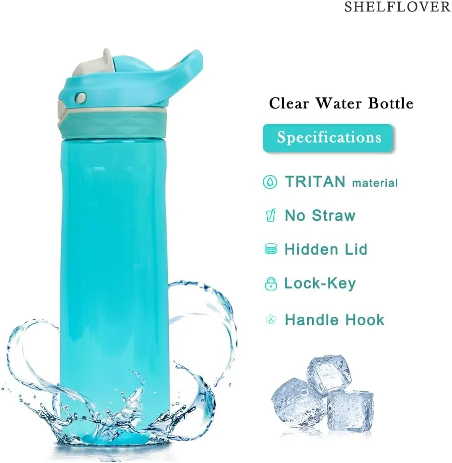 Sky Water Bottle No Straw, BPA FREE TRITAN, Lock Button Has Handle Clear Bottles, Wide Mouth Easy Clean for Women Office Travel Yoga, 24oz (750ml)