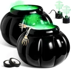 Sliner 2 Pcs Halloween Inflatable Cauldron Drink Cooler with LED Ultrasonic Mist Maker and Duct Tape 22x18 Inch Witch Fogger Cauldron Pot Beverage Holder Drink Container for Halloween Party Decoration