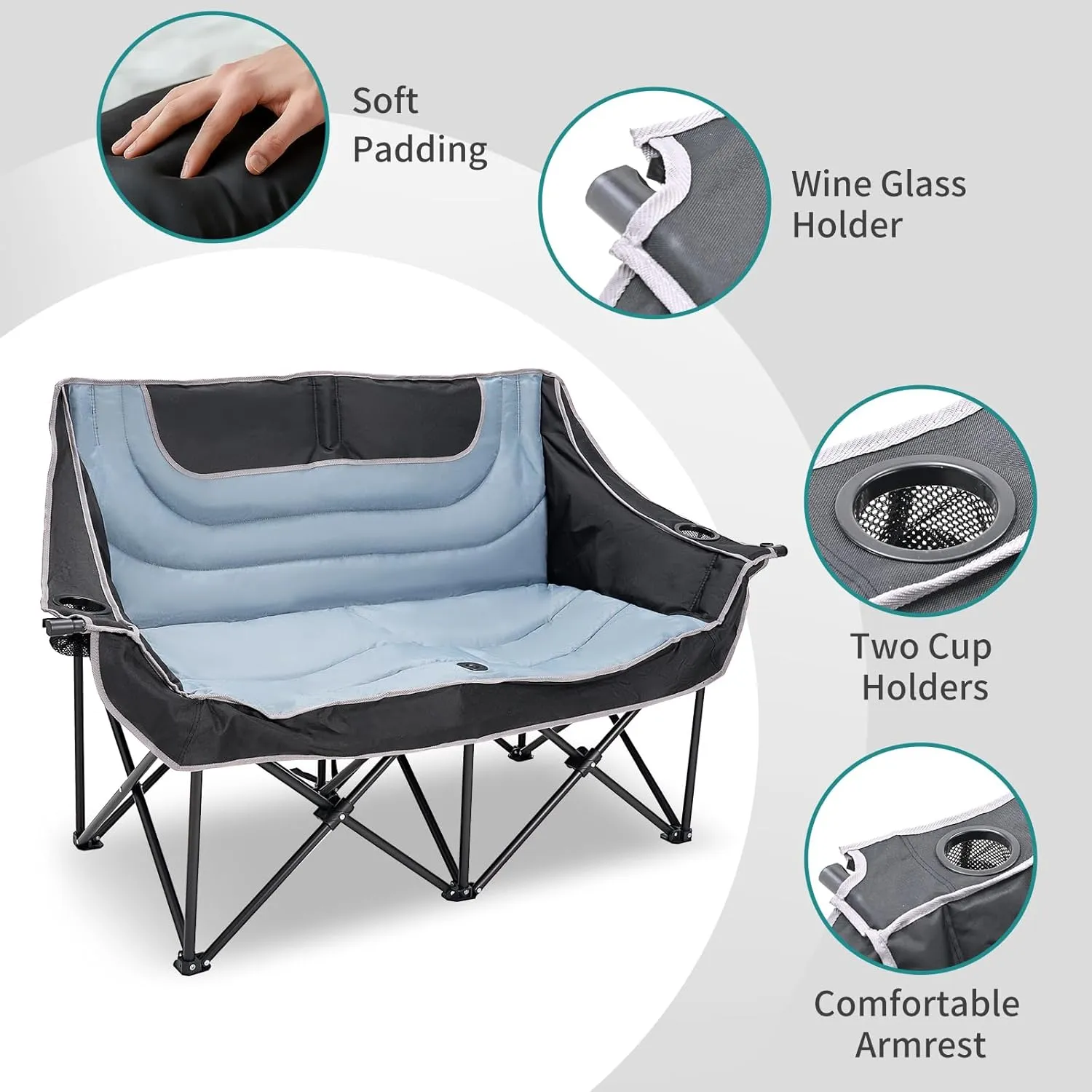Slsy Oversized Double Camping Chair, Folding 2 Person Camping Chair Loveseat, Fully Padded Duo Chair Camping Couch, Fold Up Double Camp Chair, Lawn Chairs, Camping Bench with Carrying Bag