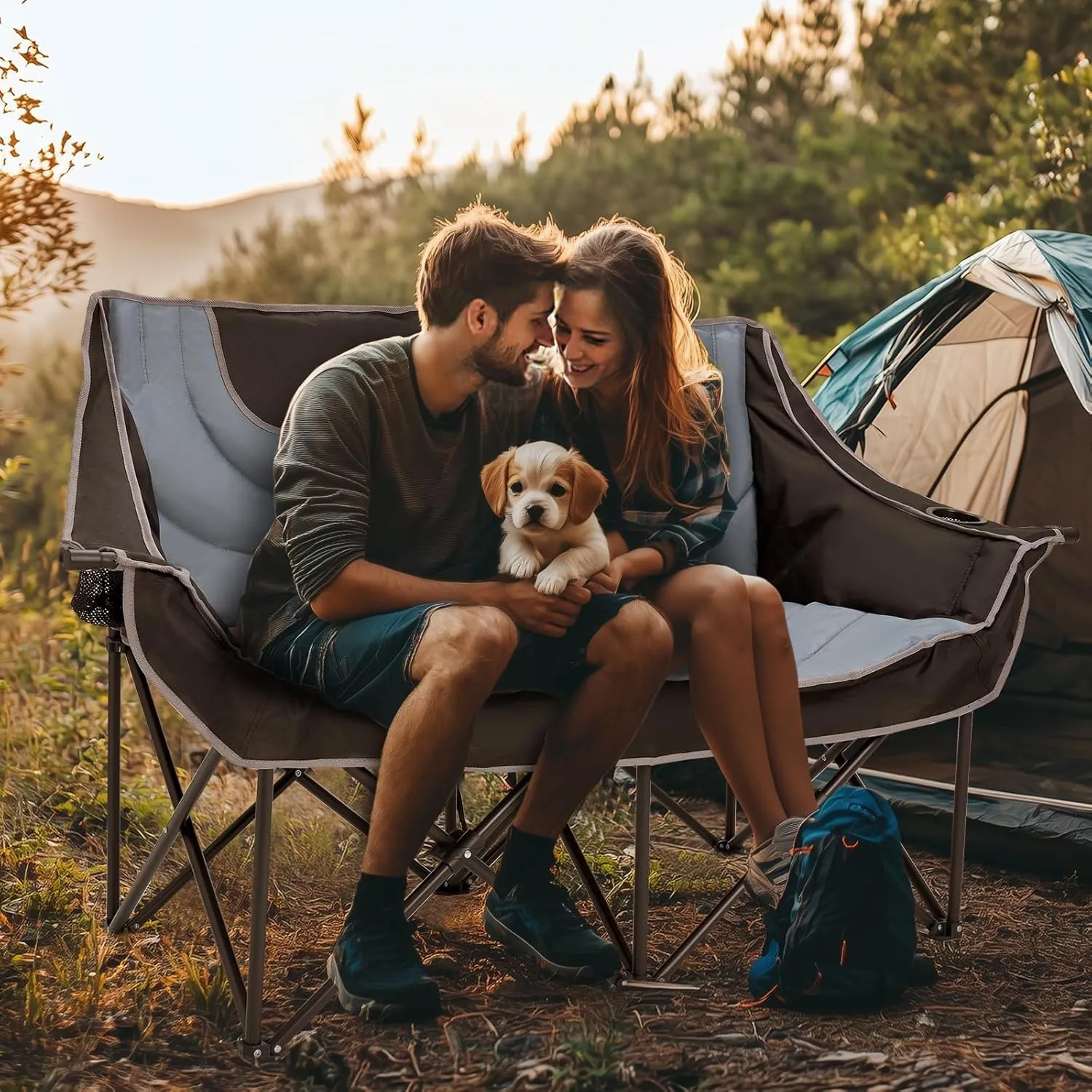Slsy Oversized Double Camping Chair, Folding 2 Person Camping Chair Loveseat, Fully Padded Duo Chair Camping Couch, Fold Up Double Camp Chair, Lawn Chairs, Camping Bench with Carrying Bag