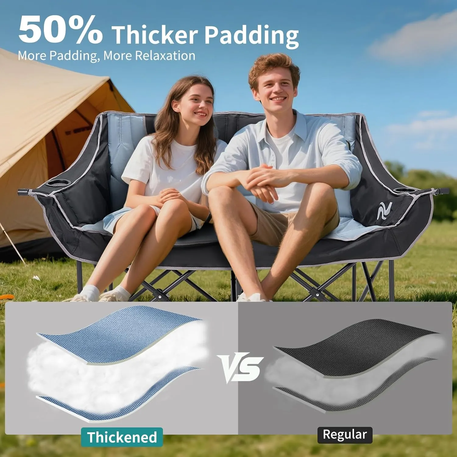 Slsy Oversized Double Camping Chair, Folding 2 Person Camping Chair Loveseat, Fully Padded Duo Chair Camping Couch, Fold Up Double Camp Chair, Lawn Chairs, Camping Bench with Carrying Bag