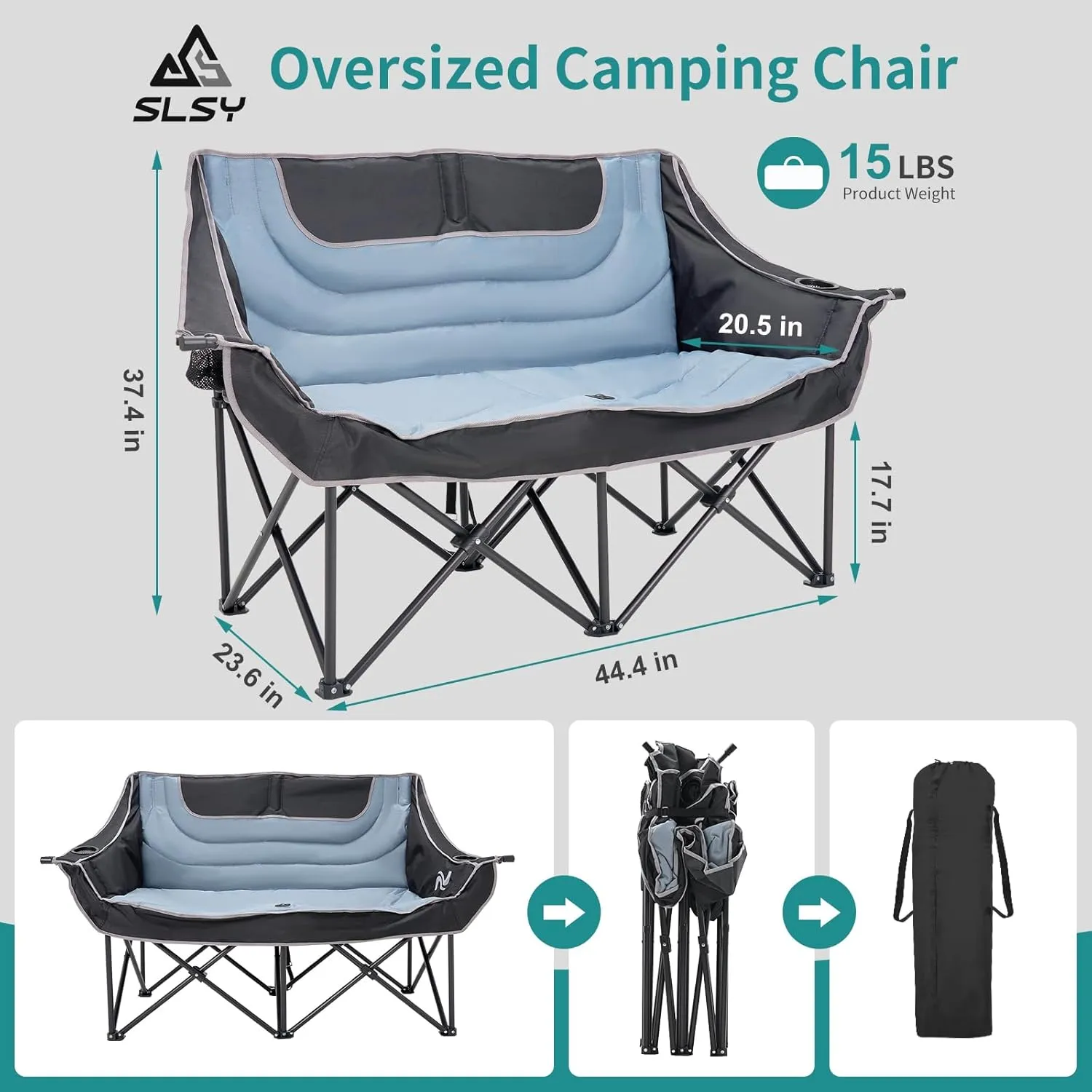 Slsy Oversized Double Camping Chair, Folding 2 Person Camping Chair Loveseat, Fully Padded Duo Chair Camping Couch, Fold Up Double Camp Chair, Lawn Chairs, Camping Bench with Carrying Bag