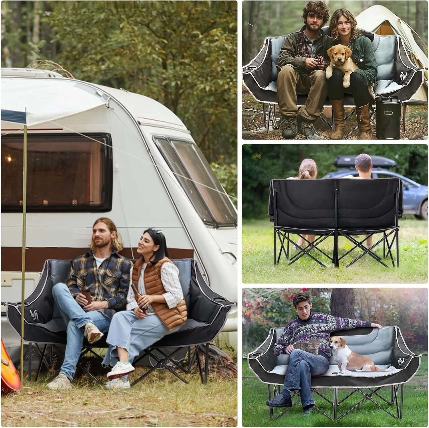 Slsy Oversized Double Camping Chair, Folding 2 Person Camping Chair Loveseat, Fully Padded Duo Chair Camping Couch, Fold Up Double Camp Chair, Lawn Chairs, Camping Bench with Carrying Bag