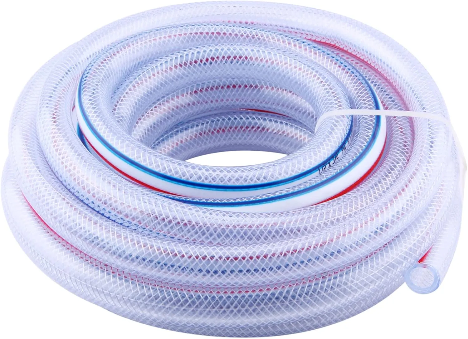 Soft Braided PVC Tubing - 1/2" x 3/4" OD High Pressure Clear Flexible PVC Tube Reinforced Vinyl Hose for Water, Oil with 2pcs Hose Clamps (25Ft)