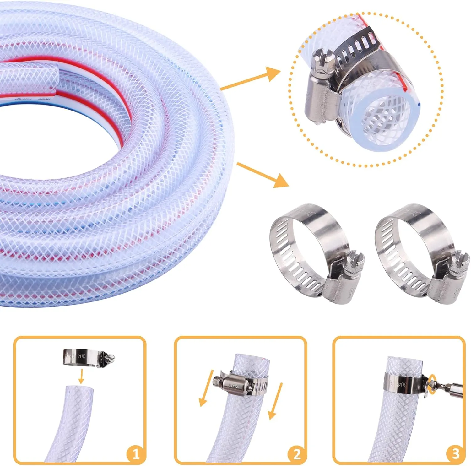 Soft Braided PVC Tubing - 1/2" x 3/4" OD High Pressure Clear Flexible PVC Tube Reinforced Vinyl Hose for Water, Oil with 2pcs Hose Clamps (25Ft)