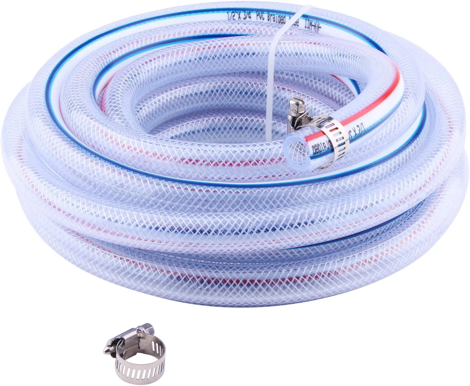 Soft Braided PVC Tubing - 1/2" x 3/4" OD High Pressure Clear Flexible PVC Tube Reinforced Vinyl Hose for Water, Oil with 2pcs Hose Clamps (25Ft)