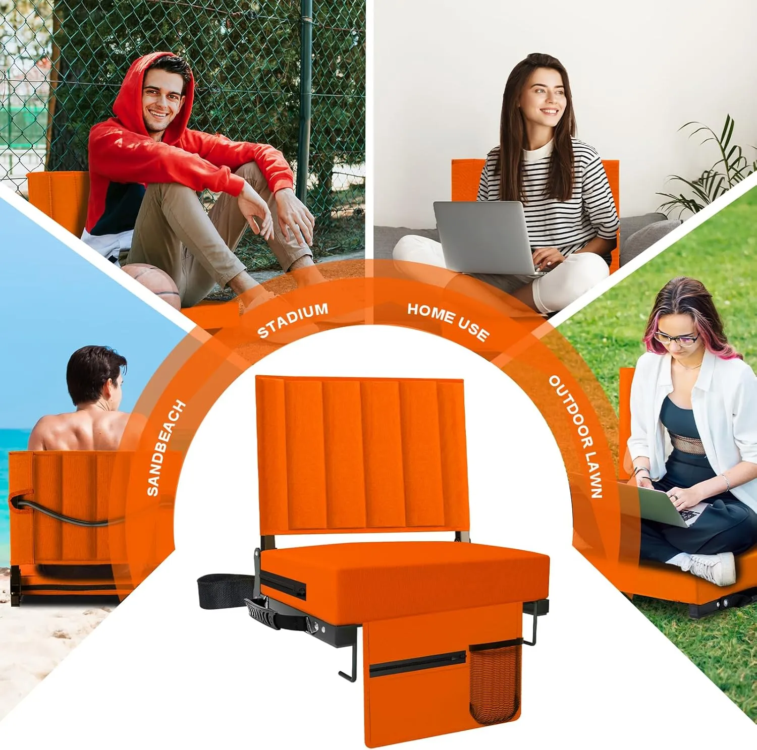 Stadium Seat for Bleachers with Back Support and Cushion, Bleacher Seats with Shoulder Strap and Cup Holder, Padded Portable Folding Comfort Stadium Chair, for Sports Events, Orange (1pcs)