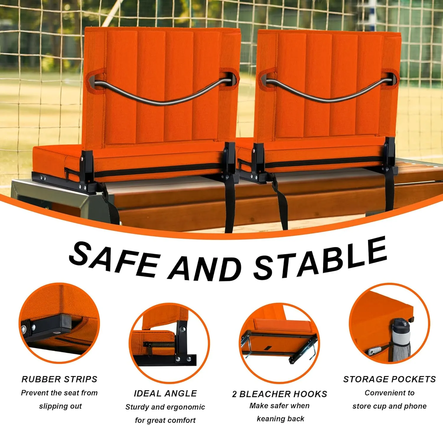 Stadium Seat for Bleachers with Back Support and Cushion, Bleacher Seats with Shoulder Strap and Cup Holder, Padded Portable Folding Comfort Stadium Chair, for Sports Events, Orange (1pcs)