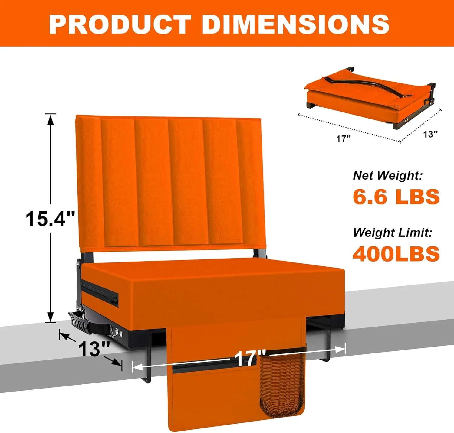 Stadium Seat for Bleachers with Back Support and Cushion, Bleacher Seats with Shoulder Strap and Cup Holder, Padded Portable Folding Comfort Stadium Chair, for Sports Events, Orange (1pcs)