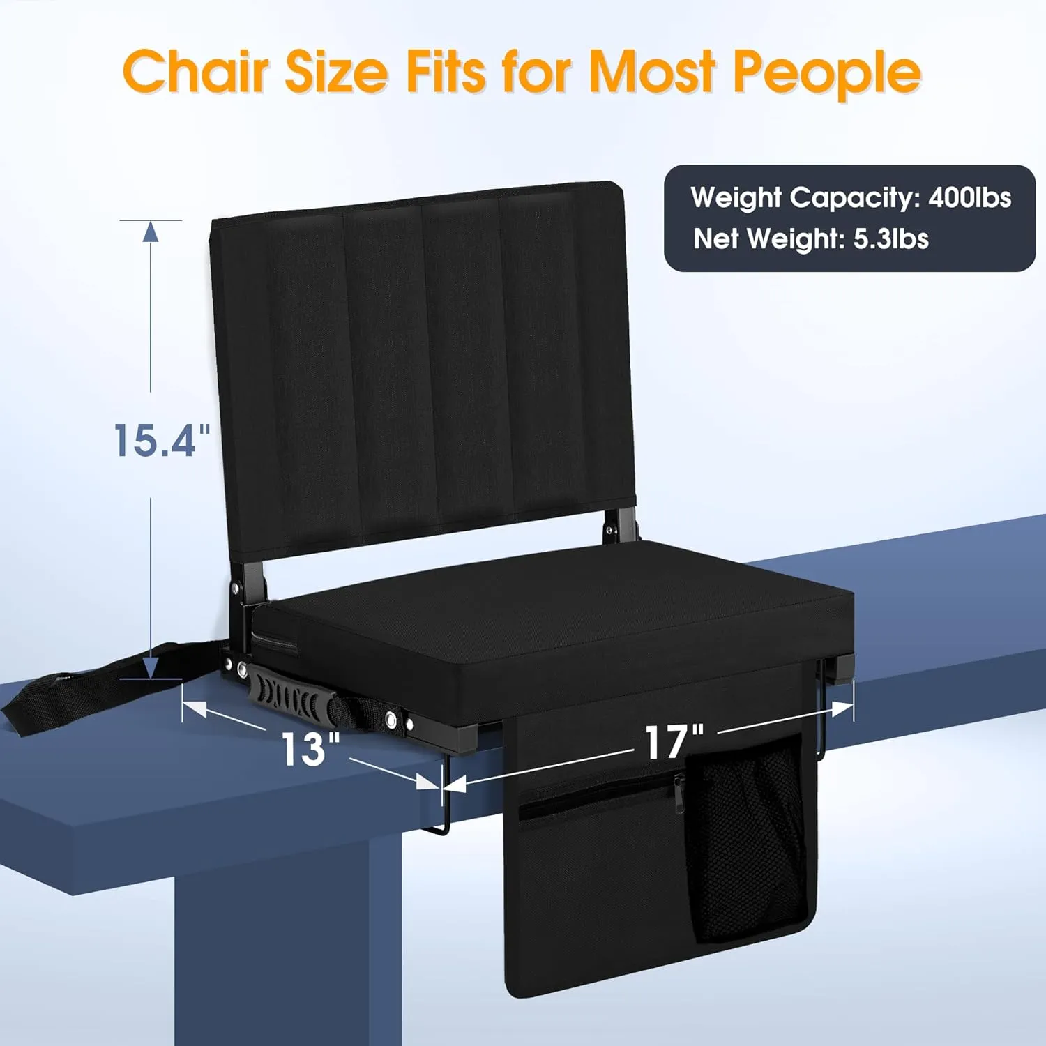 Stadium Seat for Bleachers with Back Support, Portable Bleacher Seat with Wide Comfy Padded Cushion, Metal Hook, Folding Stadium Chair with Shoulder Strap, Carry Handle, Cup Holder