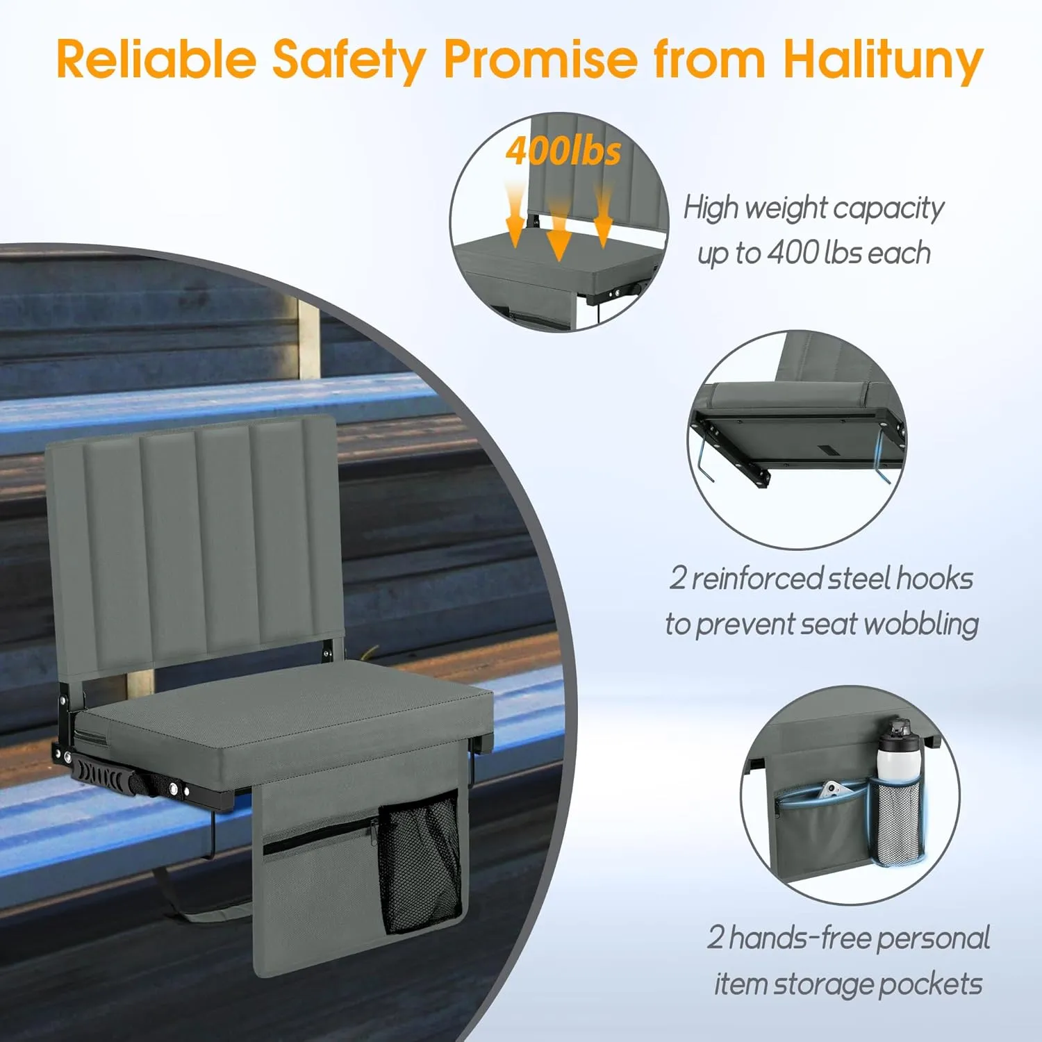 Stadium Seat for Bleachers with Back Support, Portable Bleacher Seat with Wide Comfy Padded Cushion, Metal Hook, Folding Stadium Chair with Shoulder Strap, Carry Handle, Cup Holder