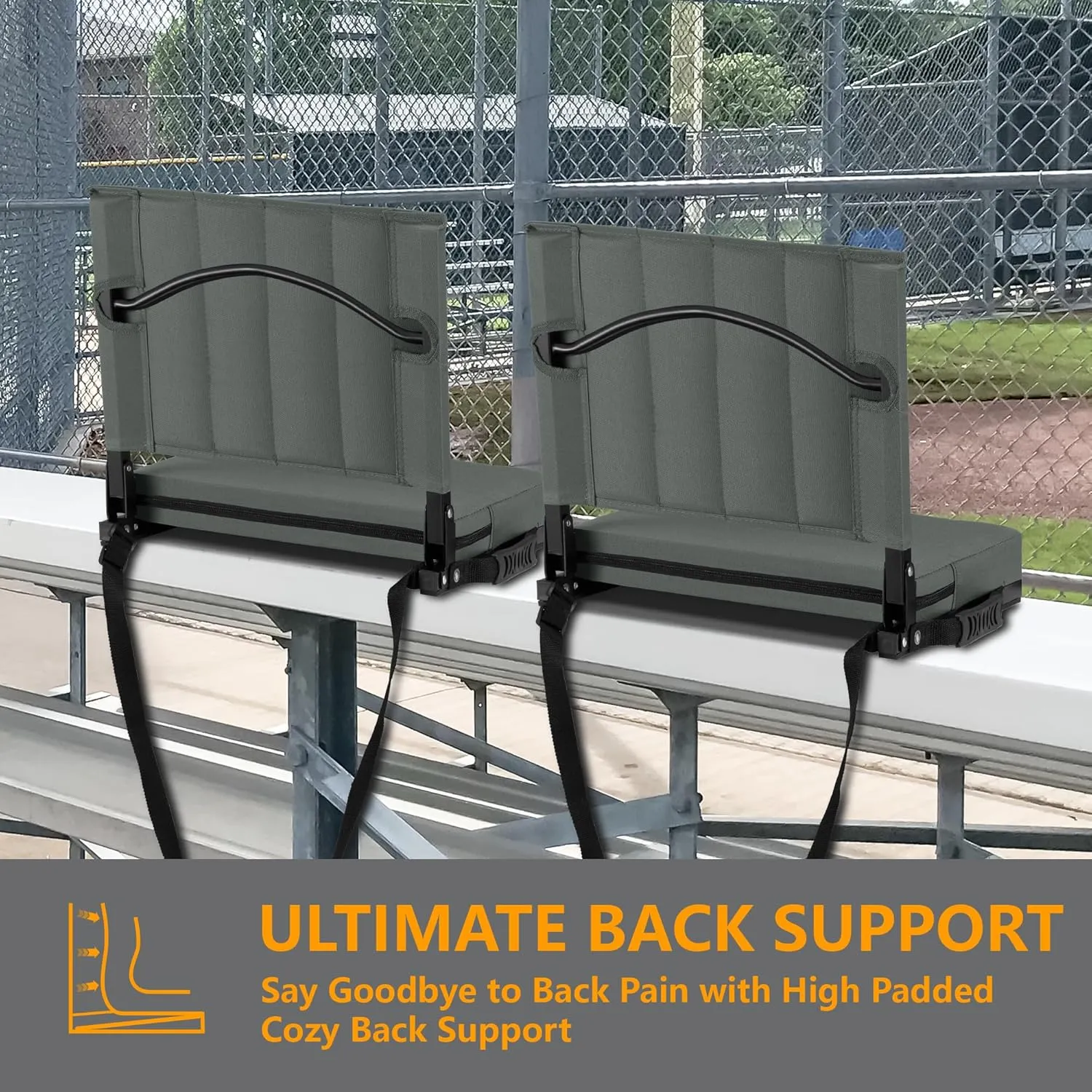 Stadium Seat for Bleachers with Back Support, Portable Bleacher Seat with Wide Comfy Padded Cushion, Metal Hook, Folding Stadium Chair with Shoulder Strap, Carry Handle, Cup Holder