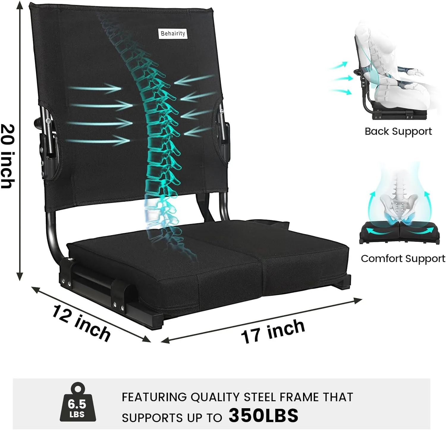 Stadium Seats for Bleachers with Back Support Wide, Portable Bleacher Chairs with Highest Back and Thick Cushion, Folding Padded Stadium Chair for Adults at Sports Events and Concerts. (Black)