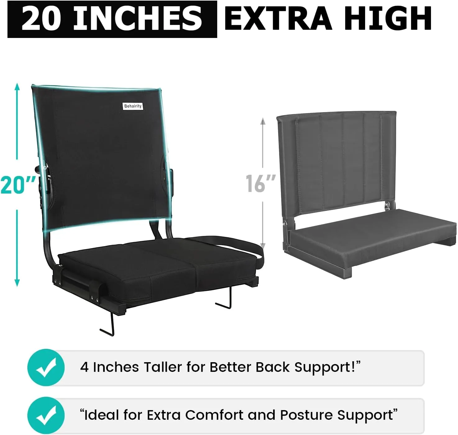 Stadium Seats for Bleachers with Back Support Wide, Portable Bleacher Chairs with Highest Back and Thick Cushion, Folding Padded Stadium Chair for Adults at Sports Events and Concerts. (Black)