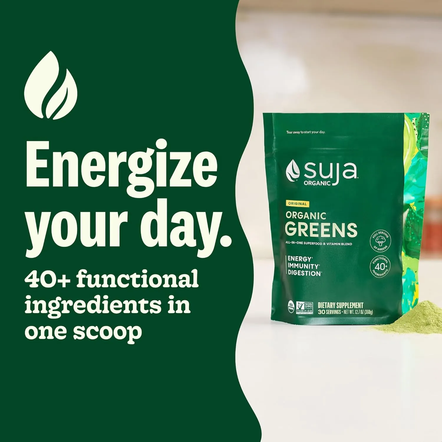 Suja Organic Greens Powder Probiotic Blend, Spirulina, Daily Superfood Drink or Smoothie Mix for Immune Support, Digestion, & Energy, Vegan, Gluten Free, Non GMO, 30 Servings