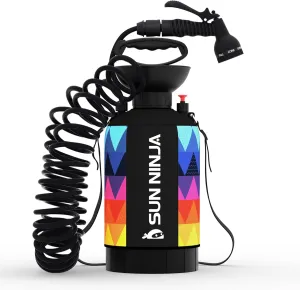 SUN NINJA Portable Shower 5L, Camping Shower with 7 Mode Shower Head, Neoprene Cover Helps Keep Water Warm, High Pressure Hose, Easy to Carry, Multi-Color