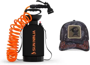 SUN NINJA Portable Shower Bundle with Trucker Hat, 5L Pressurized Outdoor Shower with 7-Mode Spray, Neoprene Cover for Warmer Water, Breathable Mesh Sun Protection, Easy to Carry