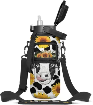 Sunflower Cow Half Gallon Water Bottle with Sleeve - BPA Free 64 OZ Water Bottle - with Time Marker Leakproof Water Jug - Motivational Workout Water Bottle for Office Gym Outdoor Hiking Travel