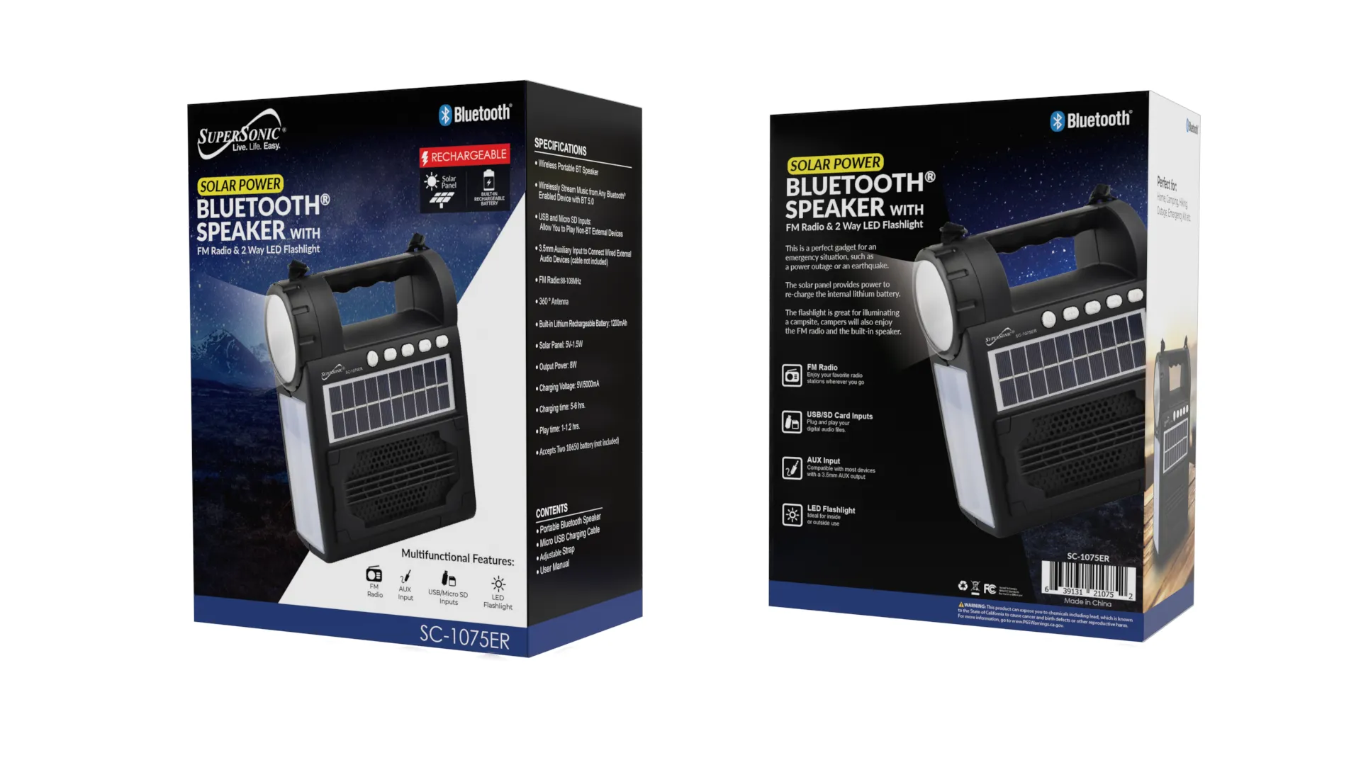 Supersonic Solar Power Speaker w FM Radio, Flashlight, Lantern & Phone Stand (SC-1075ER)