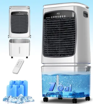 Swamp Cooler Air Conditioner, 2000CFM Evaporative Air Coolers, Portable Cooling Fans That Blow Cold Air with 7 Gallon Water Tank, LED Light, 3 Speeds Space Cooler for Bedroom Indoor, 34IN