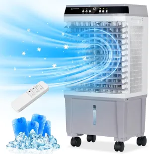 Swamp Cooler Air Conditioner, Portable Cooling Fan with 5.3 Gallon Water Tank, 4 Ice Box, Remote, 12H Timer, 120°Oscillation, Evaporative Air Cooler with 3 Speeds for Bedroom Home Office