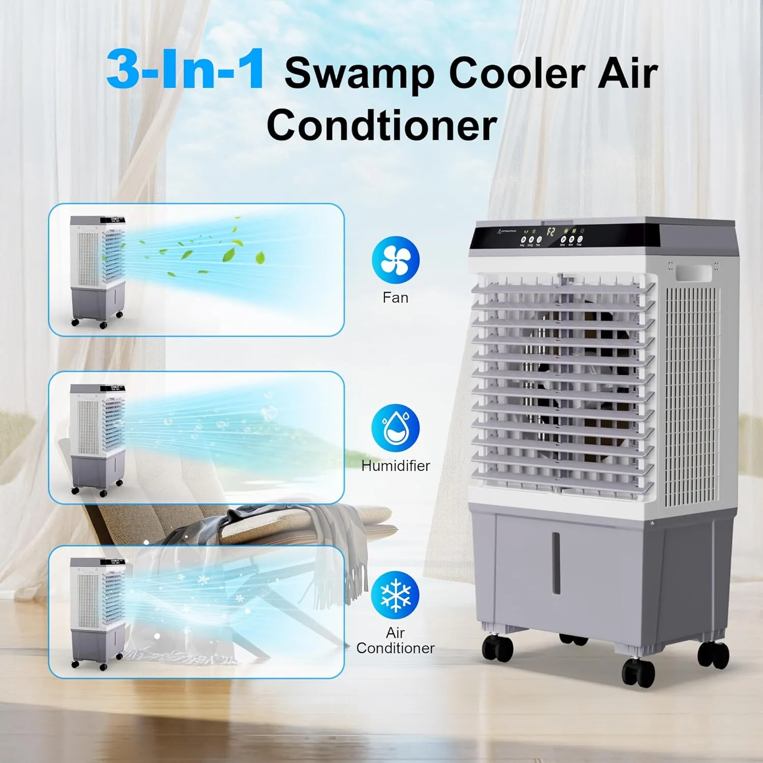 Swamp Cooler Air Conditioner, Portable Cooling Fan with 5.3 Gallon Water Tank, 4 Ice Box, Remote, 12H Timer, 120°Oscillation, Evaporative Air Cooler with 3 Speeds for Bedroom Home Office