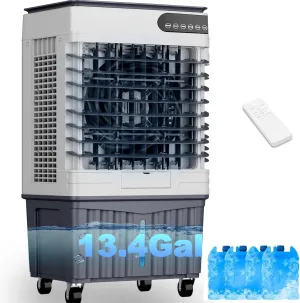 Swamp Cooler Air Conditioners, Large 13.4-Gal Tank for 7d Cooling, 4-IN-1 Portable evaporative cooler with LED Touch Screen, 3 Fan Speed,12H Timer and Remote, 1000 sq ft, Ideal for Large Rooms