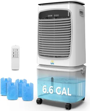Swamp Cooler - Evaporative Air Cooler with 6.6 Gallon Water Tank, 1800CFM 3 in1 Portable Air Conditioner, 4 Ice Box, 120°Oscillation Cooling Fan with Remote for 600 Sq.Ft 3 Speeds (Grey)