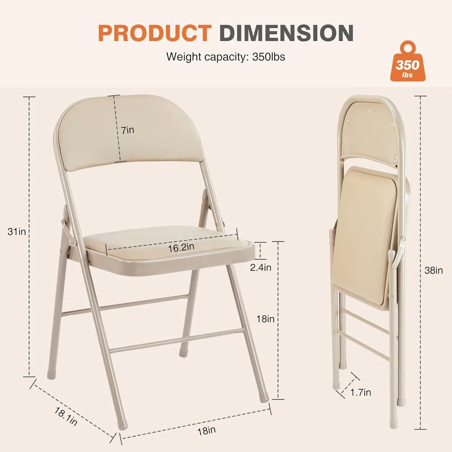 Sweetcrispy Folding Chair 2 Pack, Leather Padded Folding Chairs, Sturdy Metal Foldable Chairs, Easy to Use and Store, Outdoor and Indoor, for Home, Office, Party, Comfy, Kahki