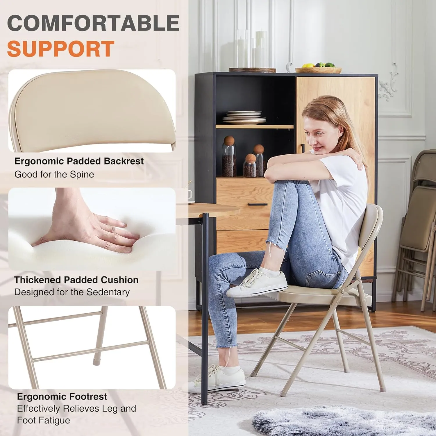 Sweetcrispy Folding Chair 2 Pack, Leather Padded Folding Chairs, Sturdy Metal Foldable Chairs, Easy to Use and Store, Outdoor and Indoor, for Home, Office, Party, Comfy, Kahki